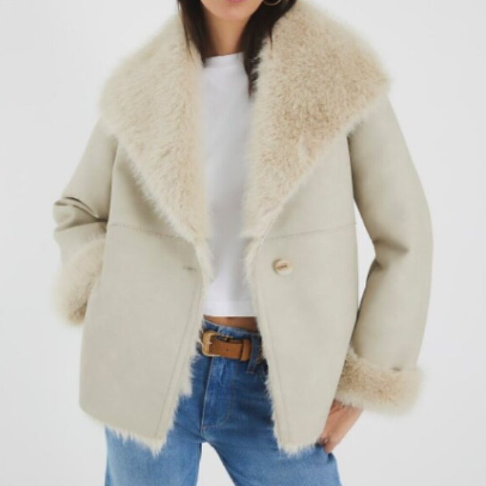 River Island Suedette Borg Lined Waterfall Open Jacket -XL in Cream -Stock Photo - Picture 2 of 7